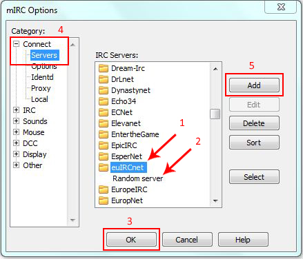 mIRC Optionen - Auswahl des Servers
